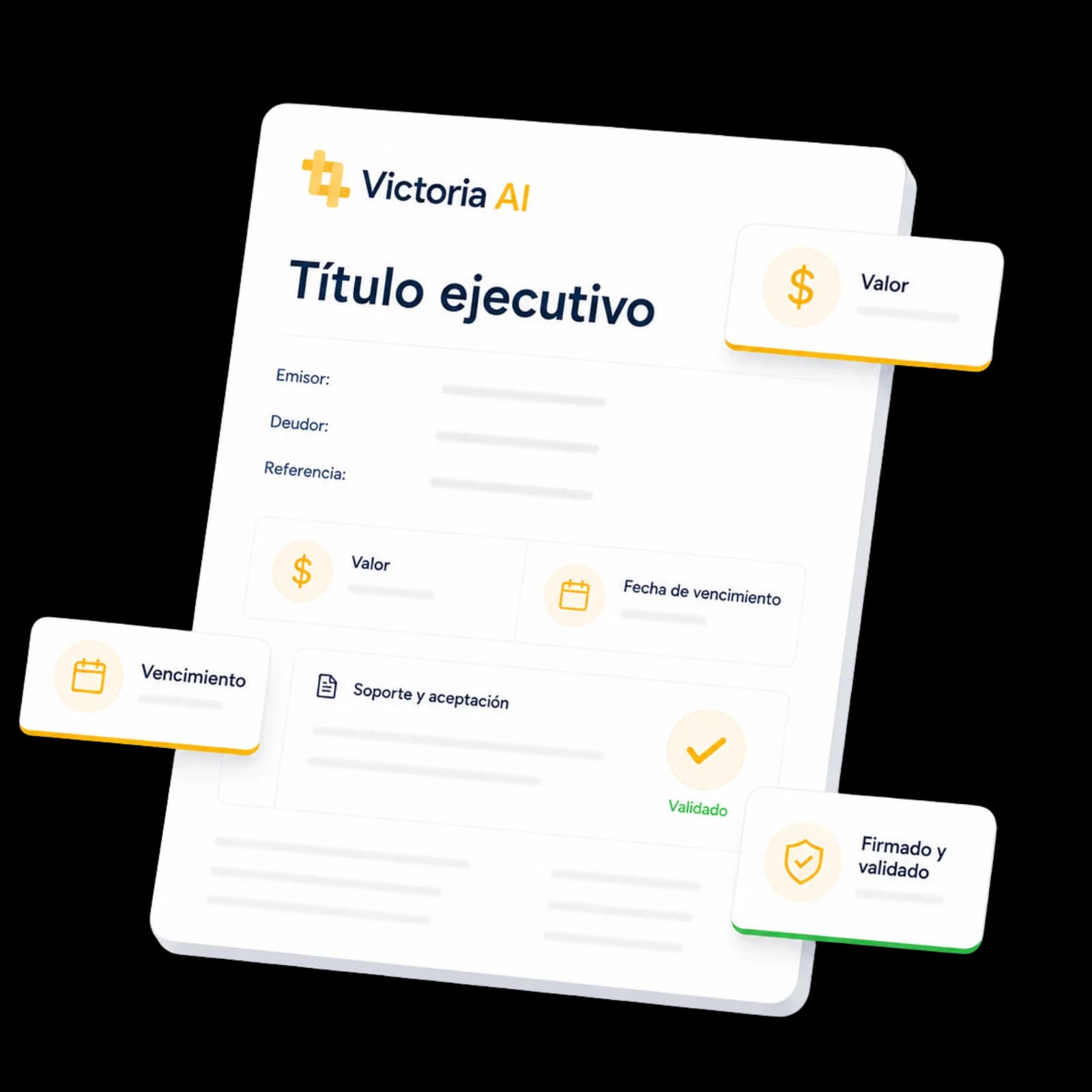 Representación visual de un título ejecutivo con valor, vencimiento y validación